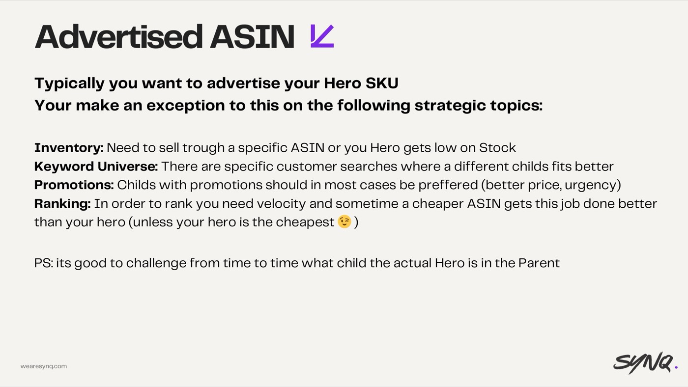 Advertising the wrong child ASIN — slide from the SYNQ Amazon ads keynote