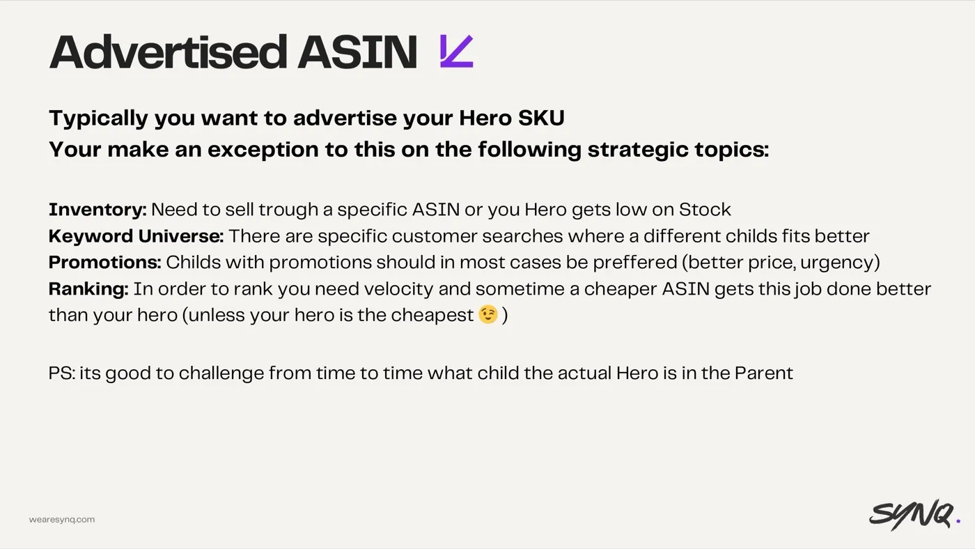 Advertising the wrong child ASIN — slide from the SYNQ Amazon ads keynote