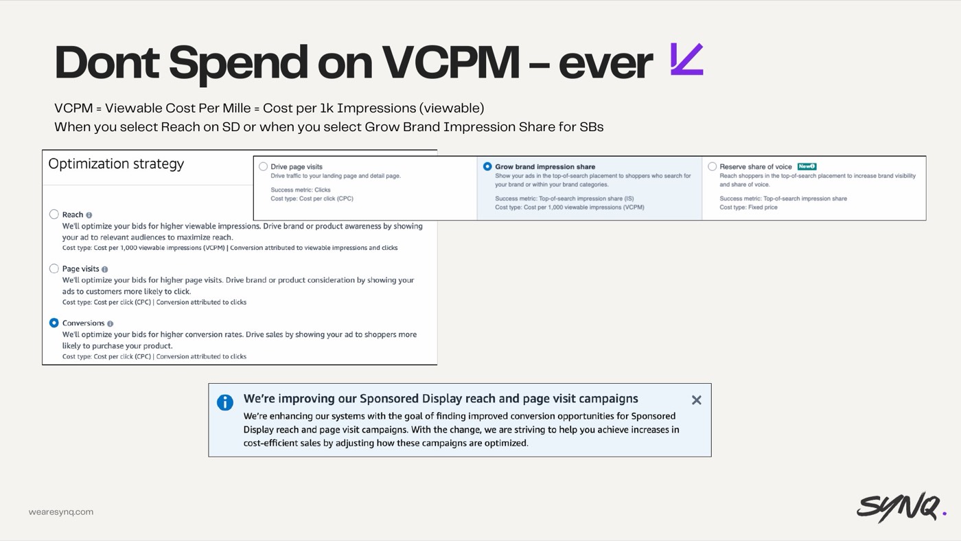 Spending on VCPM campaigns — slide from the SYNQ Amazon ads keynote