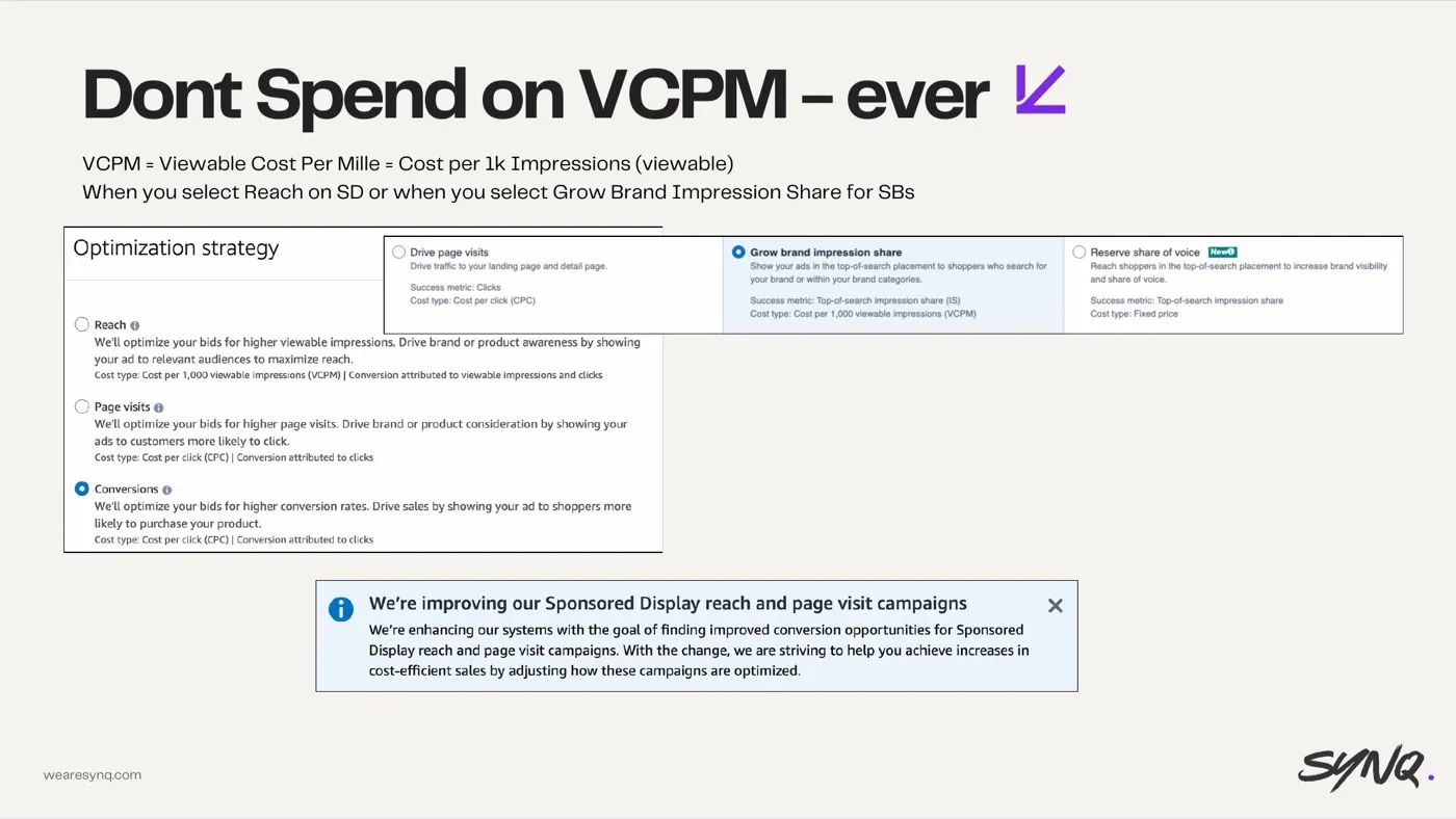 Spending on VCPM campaigns — slide from the SYNQ Amazon ads keynote