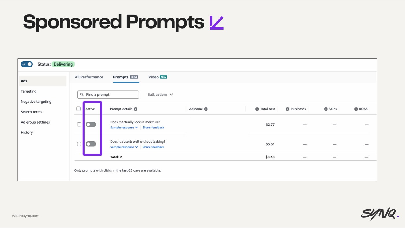 Mismanaging Sponsored Prompts — slide from the SYNQ Amazon ads keynote