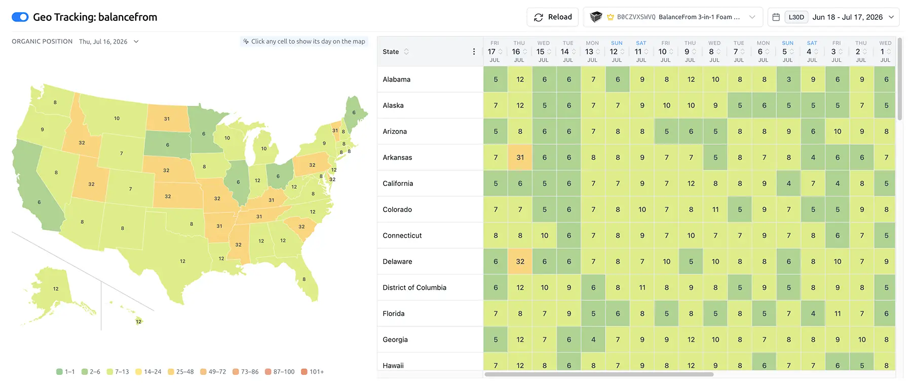 SoldScope geo tracking, organic position by US state on a map and a heatmap